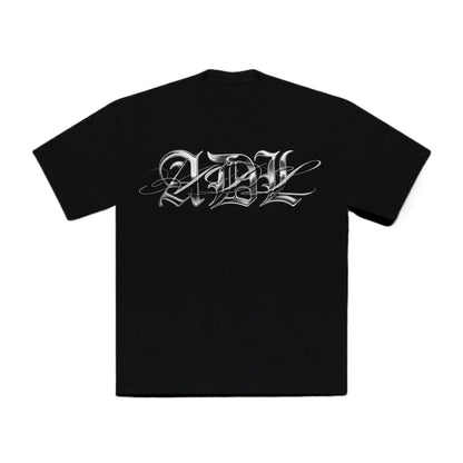 Black short-sleeved 100% cotton unisex t-shirt with silver ornate adl album logo for rapper yeat adl hip hop y2k style fans