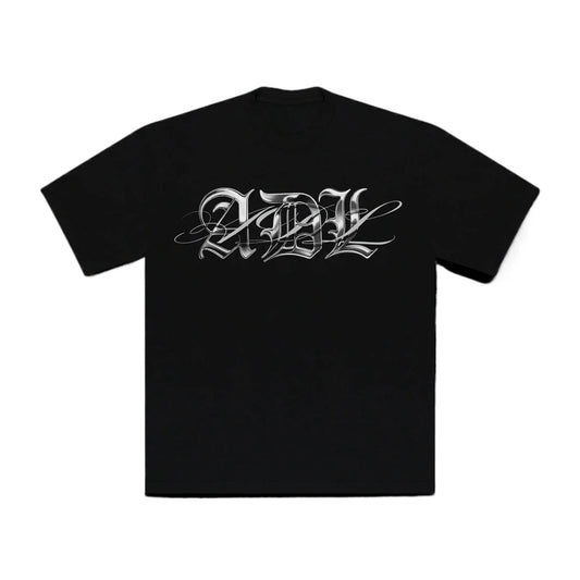 Black short-sleeved 100% cotton unisex t-shirt with silver ornate adl album logo for rapper yeat adl hip hop y2k style fans