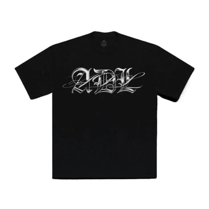 Black short-sleeved 100% cotton t-shirt with silver metallic adl album logo in gothic script for rapper yeat adl hip hop y2k style
