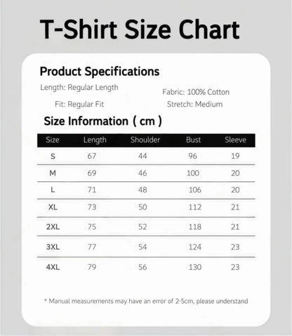 T-shirt size chart in centimeters for rapper yeat adl album logo graphic 100% cotton unisex hip hop y2k shirt sizes s to 4xl