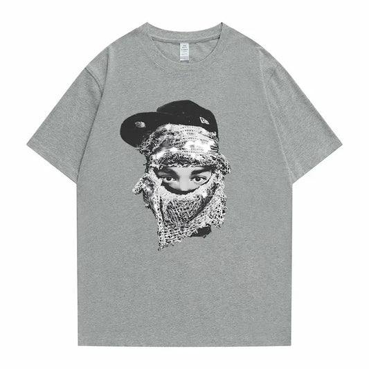 Gray heathered cotton t-shirt with rapper yeat face graphic print for summer men hip and male fashion brand streetwear