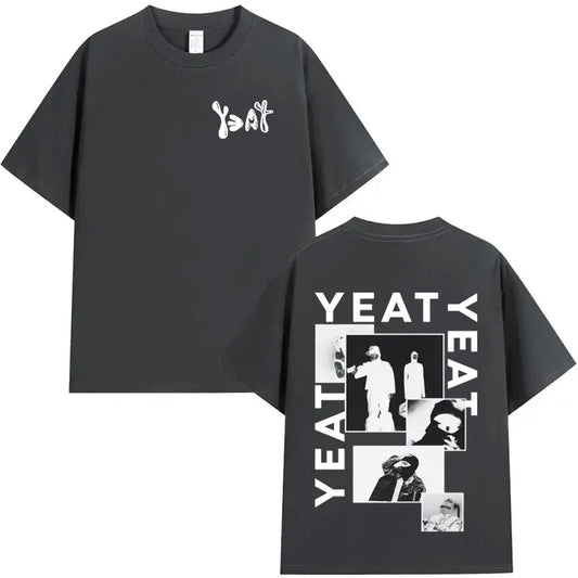 Black oversized cotton t-shirt featuring a white yeat logo front and graphic back with yeat photos and text print