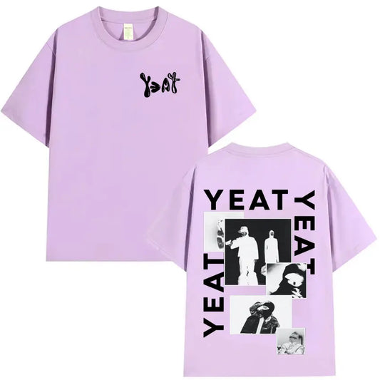Lavender cotton short-sleeved t-shirt with black yeat graphic and photo collage on back casual streetwear mens fashion