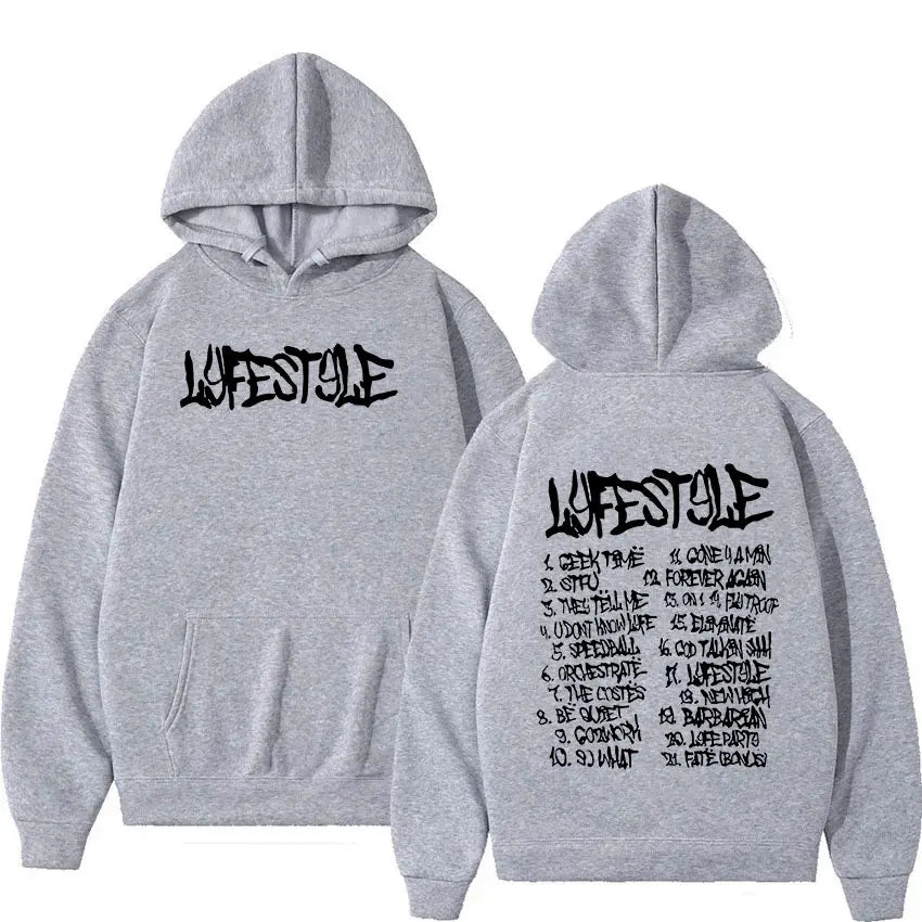 Gray rapper yeat lyfestyle album print hoodie with black graffiti text front and song titles on back oversized sweatshirt y2k
