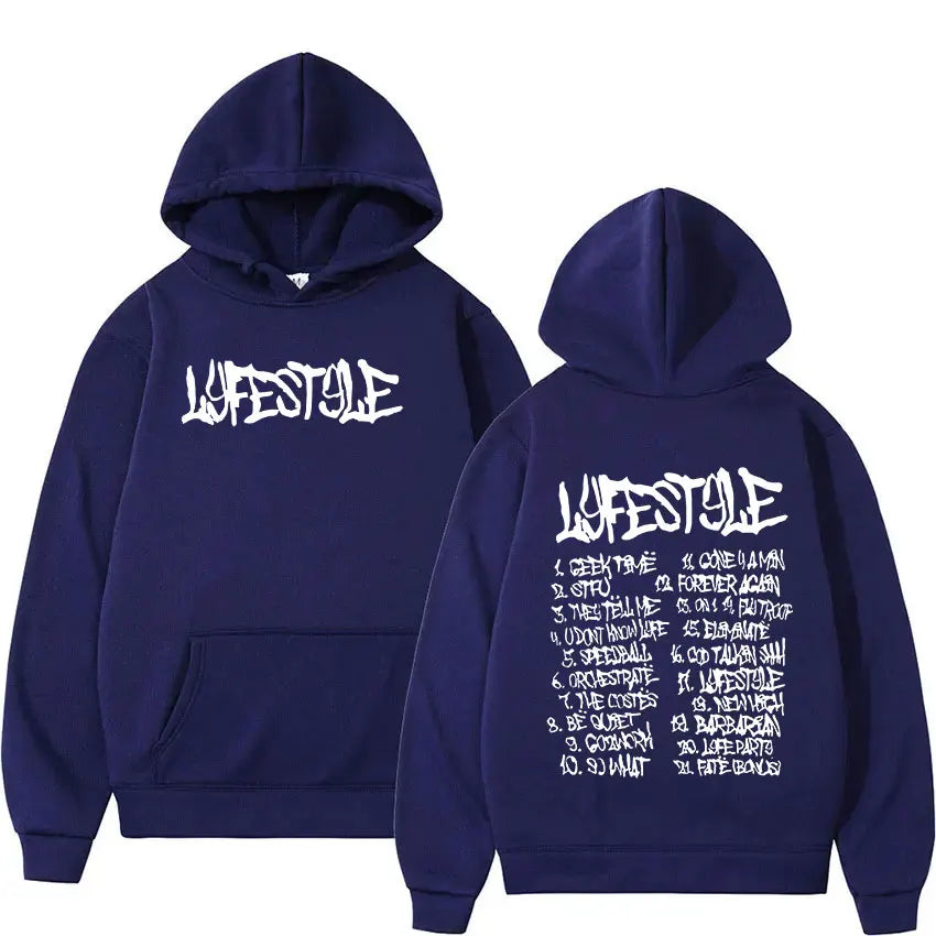 Navy blue rapper yeat lyfestyle album print hoodie with white graffiti text front and song list on back oversized sweatshirt y2k