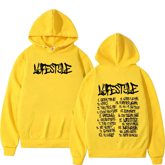 Bright yellow oversized sweatshirt y2k rapper Yeat lyfestyle album print hoodie with black text front and tracklist back view