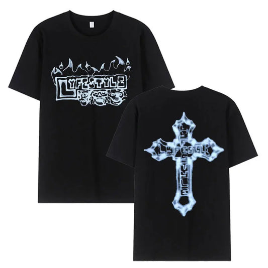 Black short-sleeved cotton tees streetwear with rapper yeat lyfestyle skeleton graphic and flame design on front and back