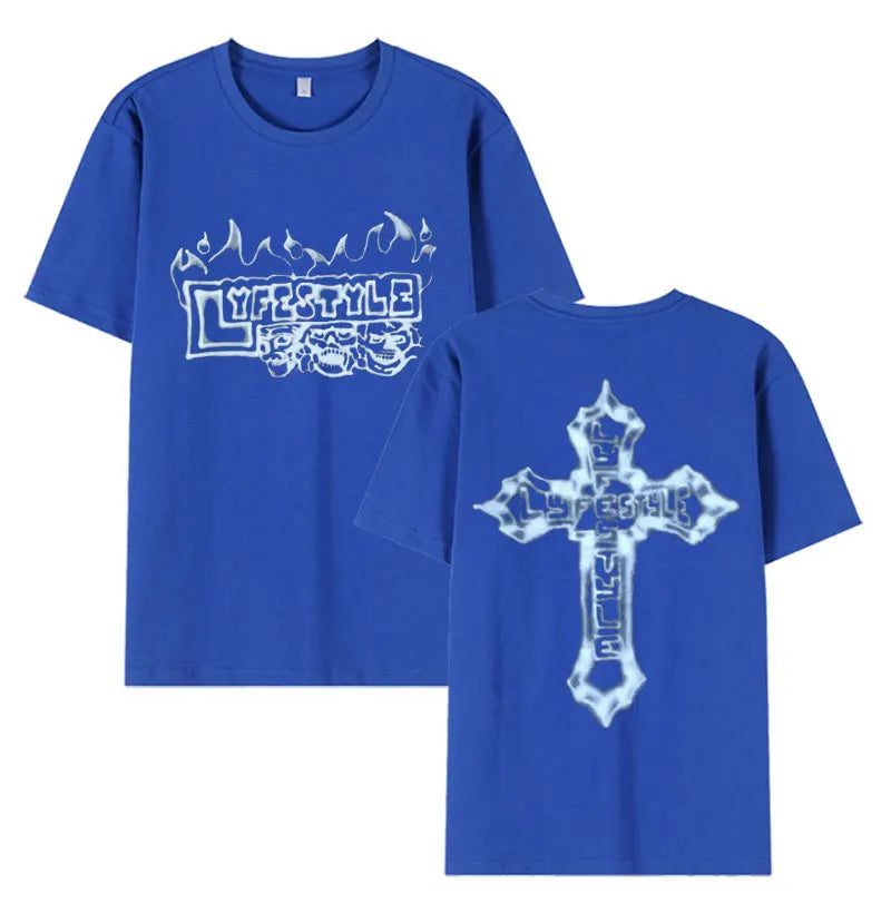 Blue cotton short-sleeved rapper yeat lyfestyle t shirt with lyfestyle skeleton graphic print for streetwear use
