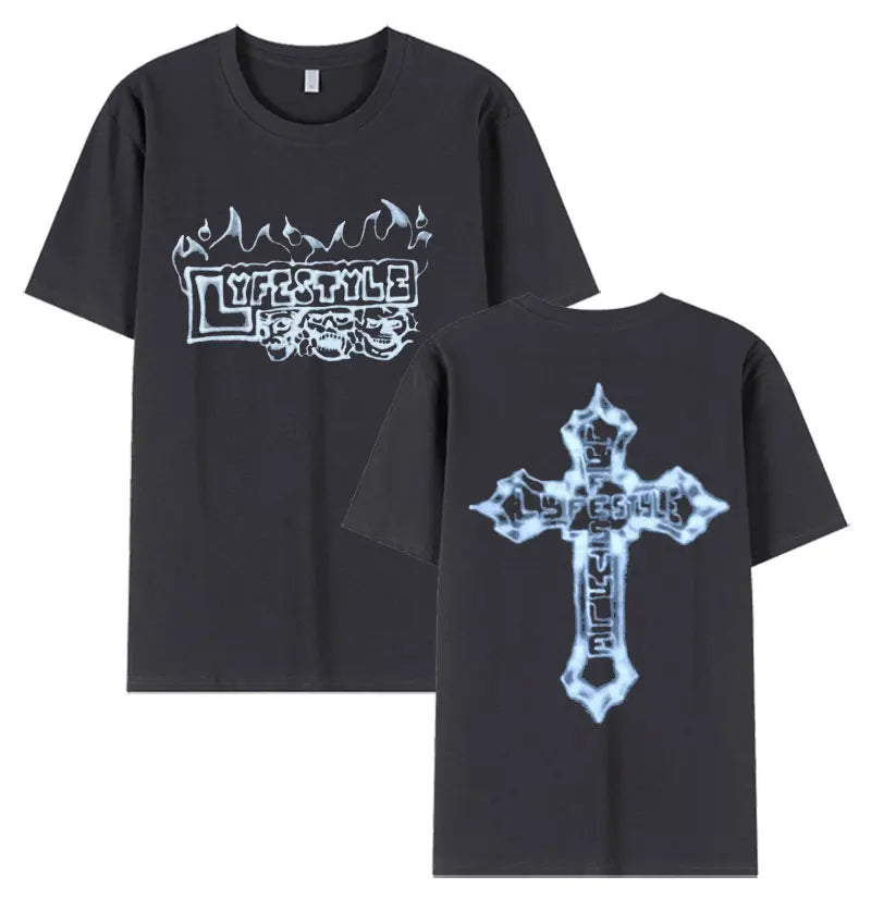 Black short-sleeved rapper yeat lyfestyle cotton tee featuring lyfestyle skeleton graphic with flame and skull motifs front and icy cross back