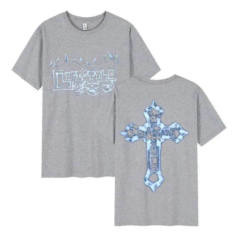 Back of gray heathered cotton tee streetwear with frosty blue cross and rapper yeat lyfestyle skeleton graphic