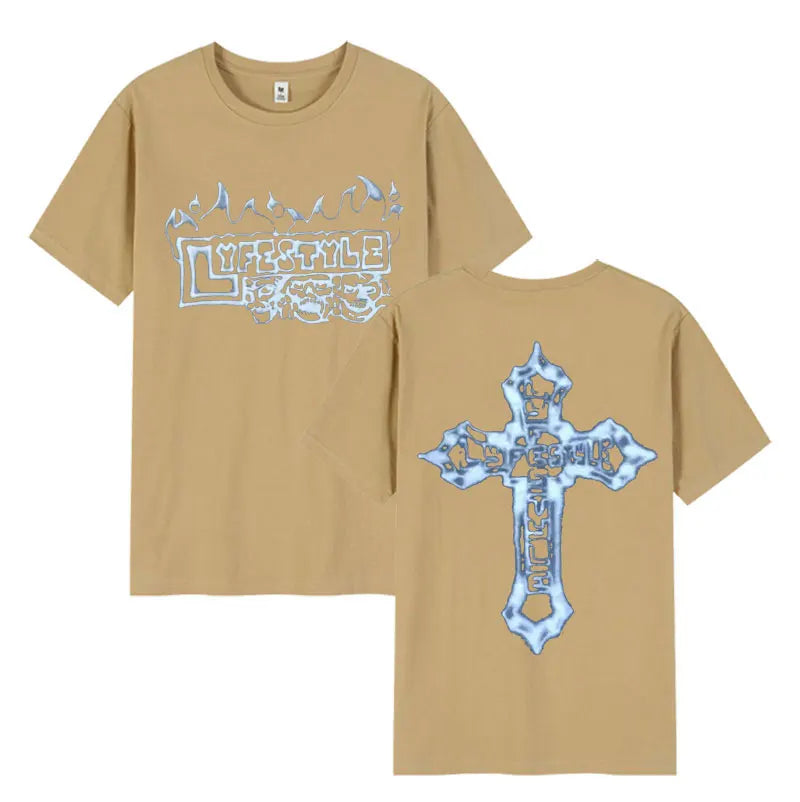 Beige rapper yeat lyfestyle short sleeve cotton tee with frosty blue white lyfestyle skeleton graphic front and back ornate cross