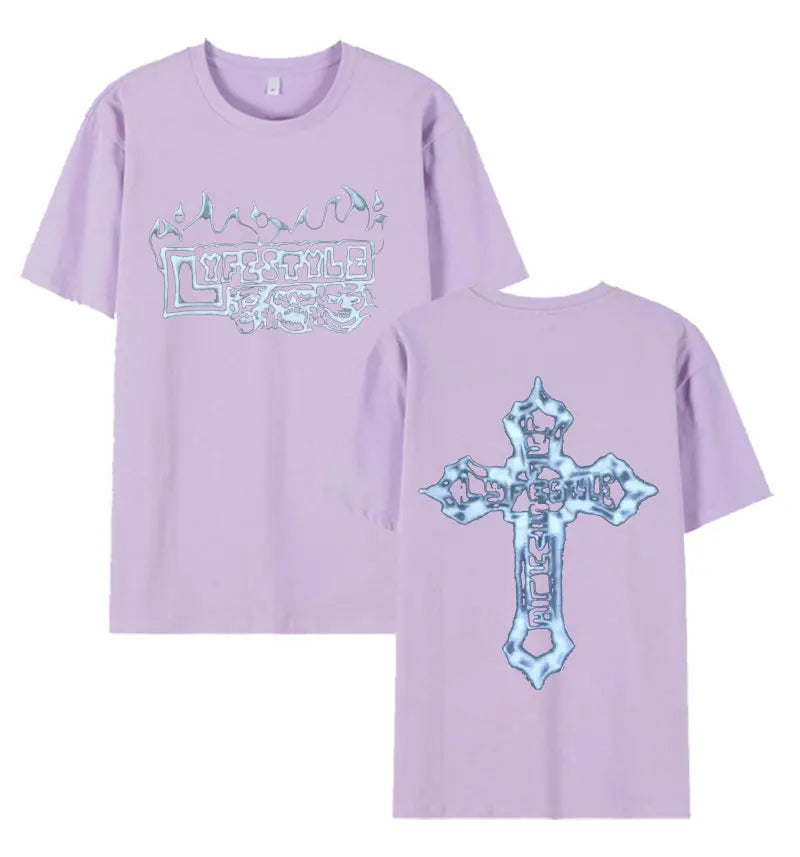 Lavender cotton tees streetwear featuring rapper yeat lyfestyle skeleton graphic print on front and back short sleeve tee