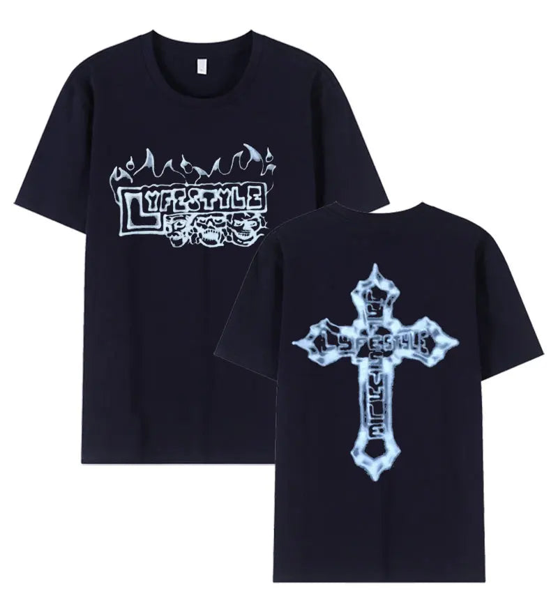 Black cotton rapper yeat lyfestyle t-shirt with lyfestyle skeleton graphic print and flame and icy cross embellishments