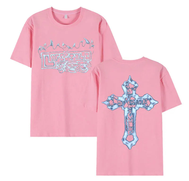 Pink short-sleeved cotton tee with rapper yeat lyfestyle skeleton graphic and cross text for streetwear fashion