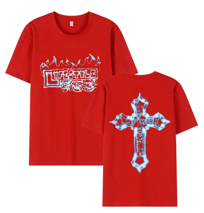 Red short-sleeved cotton tee featuring rapper yeat lyfestyle skeleton graphic with flames skull and icy cross designs