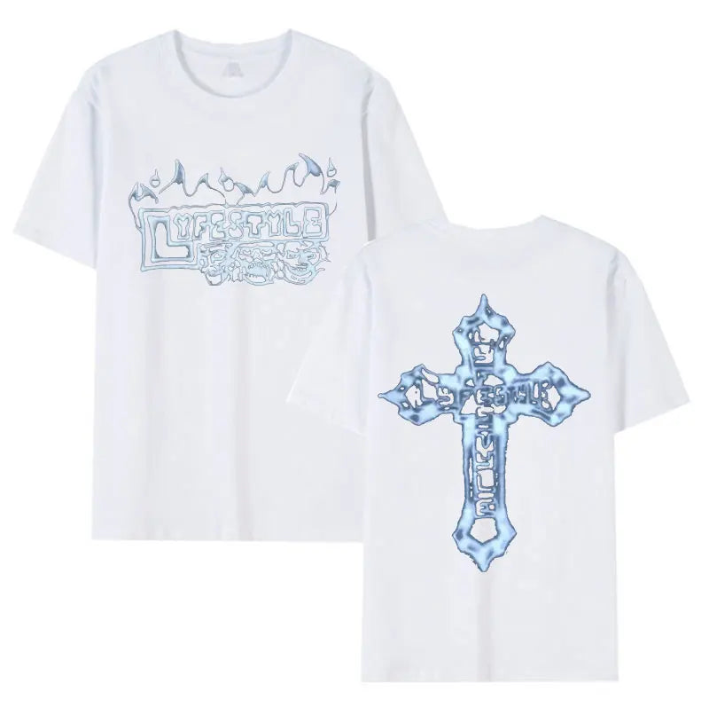 White short-sleeved cotton tee with light blue lyfestyle skeleton graphic print for rapper yeat lyfestyle streetwear
