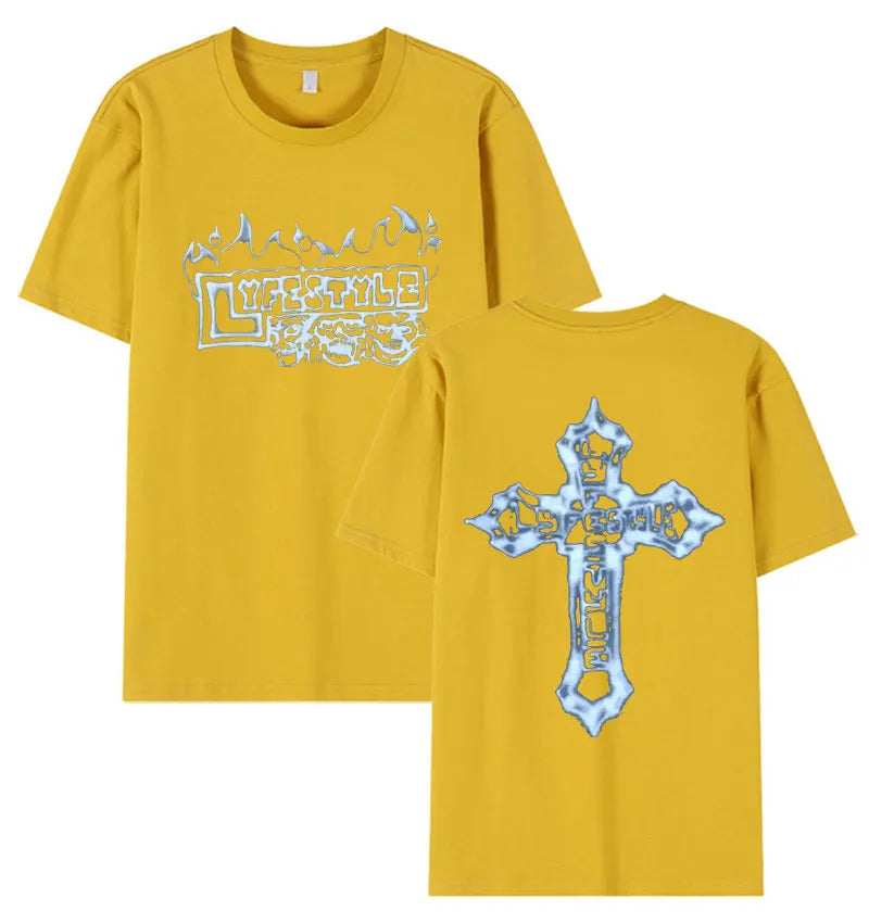 Yellow short-sleeved rapper yeat lyfestyle cotton tee with white blue lyfestyle skeleton graphic streetwear design