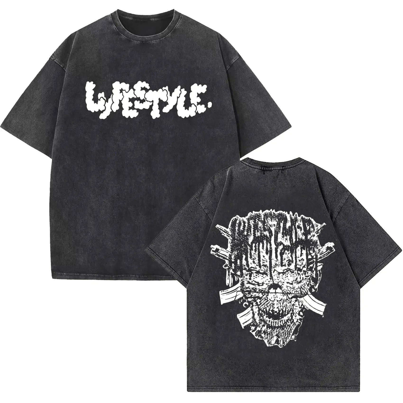 Black oversized rapper yeat lyfestyle vintage washed t shirt with distressed fabric and bold white hip hop fashion prints