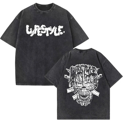 Black oversized rapper yeat lyfestyle vintage washed t shirt with distressed fabric and bold white hip hop fashion prints