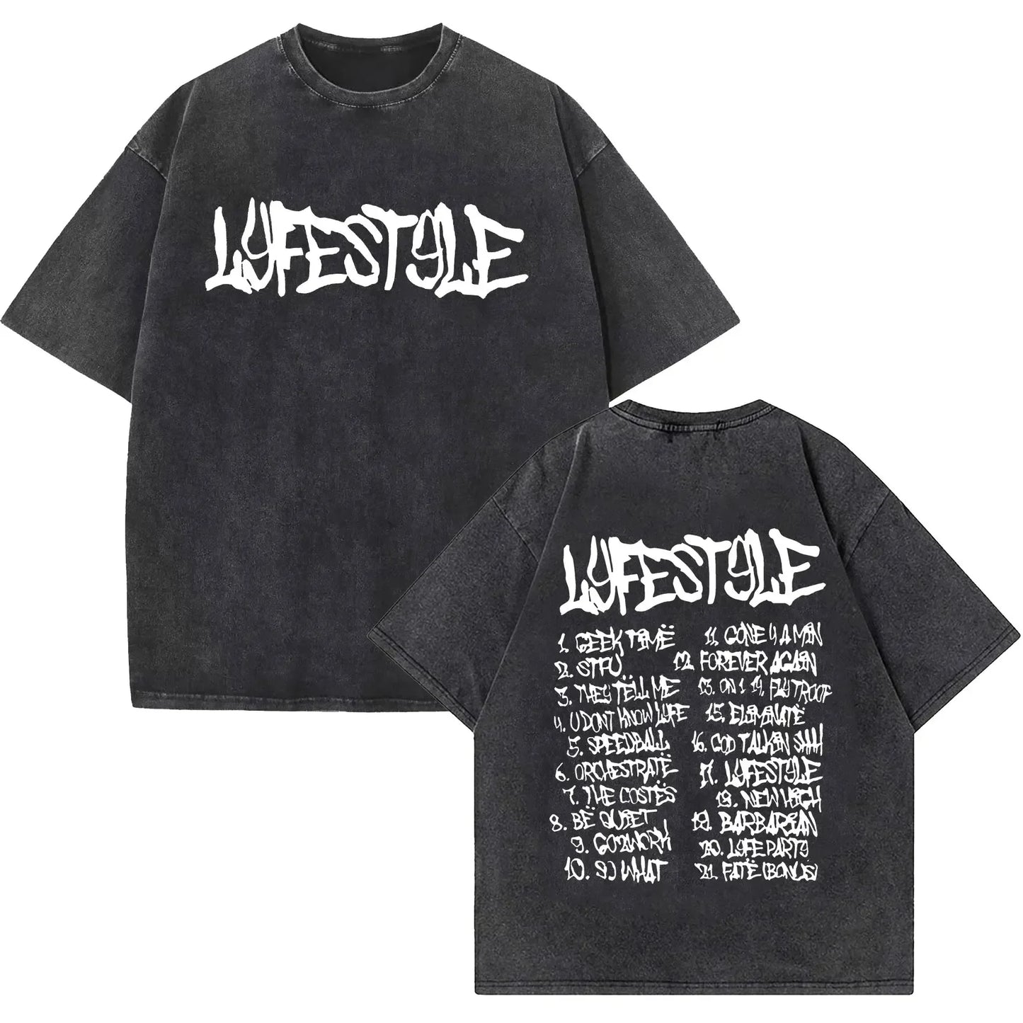 Black oversized rapper Yeat lyfestyle vintage washed t shirt with distressed fabric and white graffiti lettering front and back song list