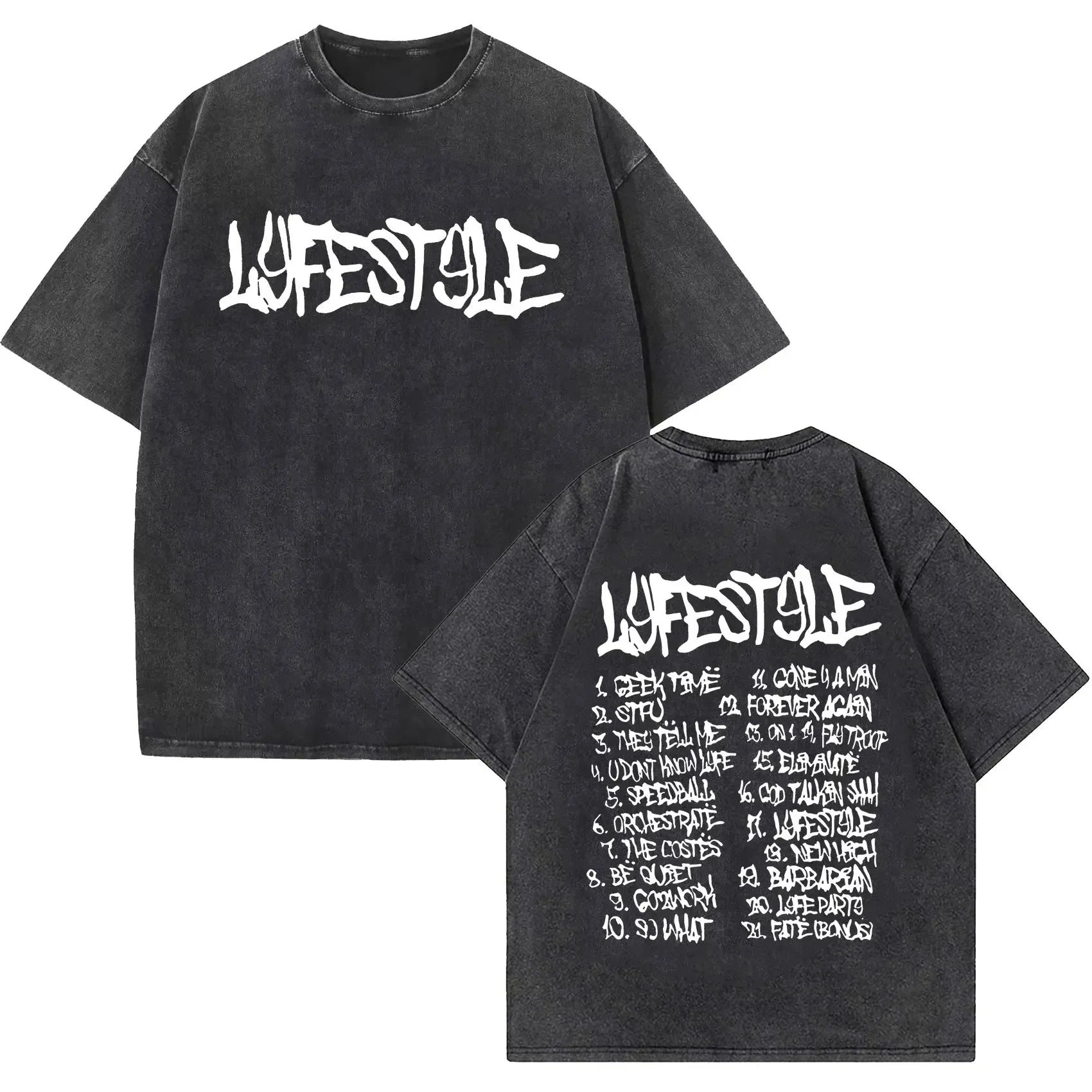 Black oversized rapper Yeat lyfestyle vintage washed t shirt with distressed fabric and white graffiti lettering front and back song list