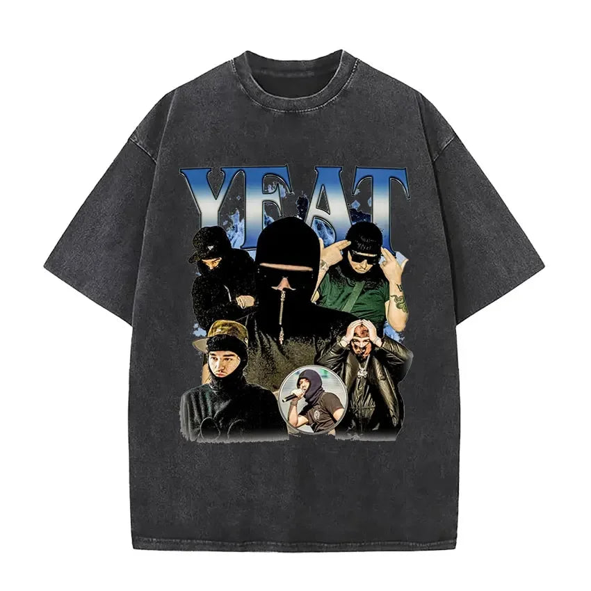 Black distressed cotton t-shirt with yeezy graphic print featuring blue lettering and multiple portraits rapper yeat lyfestyle hip hop fashion