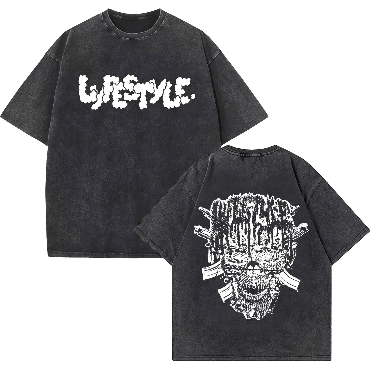 Black oversized rapper yeat lyfestyle vintage washed t-shirt with distressed fabric and bold white hip hop fashion prints