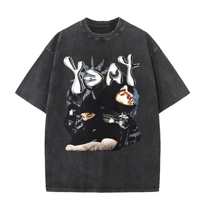 Black oversized t shirt with faded graphic print and white yeat logo for rapper yeat lyfestyle vintage washed hip hop fashion