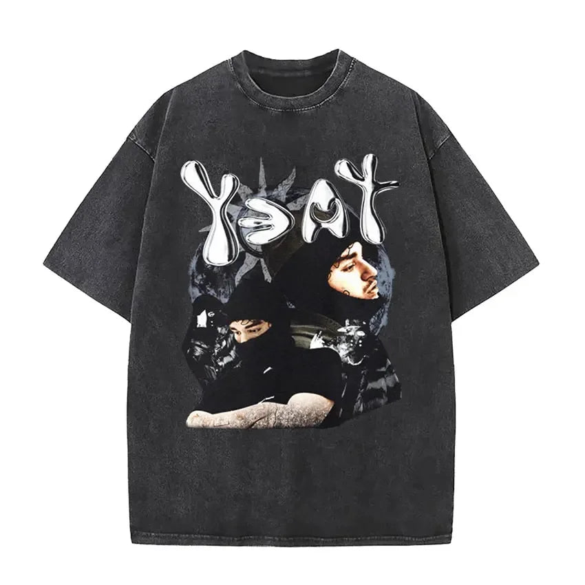 Black oversized t-shirt with faded graphic and white yeat logo featuring rapper yeat lyfestyle vintage washed hip hop fashion
