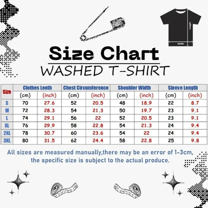 Black washed rapper yeat lyfestyle vintage washed t shirt size chart with measurements for hip hop fashion streetwear