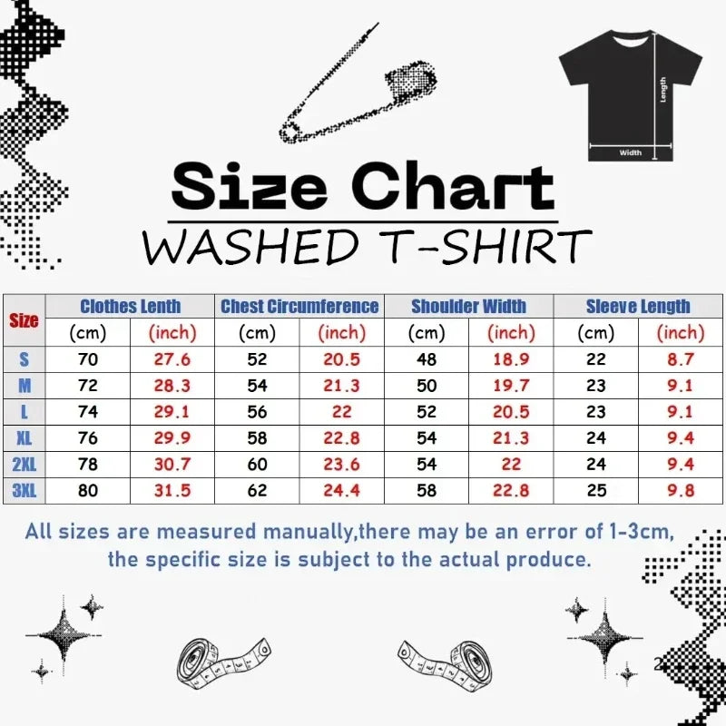 Black rapper yeat lyfestyle vintage washed t shirt size chart with measurements for hip hop fashion streetwear sizing