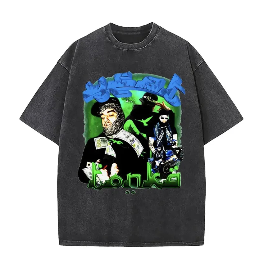 Black oversized rapper yeat lyfestyle vintage washed t shirt with vibrant graffiti print for hip hop fashion streetwear