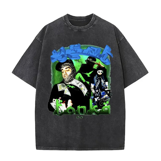 Black oversized rapper yeat lyfestyle vintage washed t shirt with vibrant graffiti print for hip hop fashion streetwear