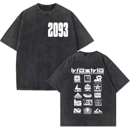 Black oversized rapper yeat lyfestyle vintage washed t shirt with white 2093 print front and logo grid back hip hop fashion