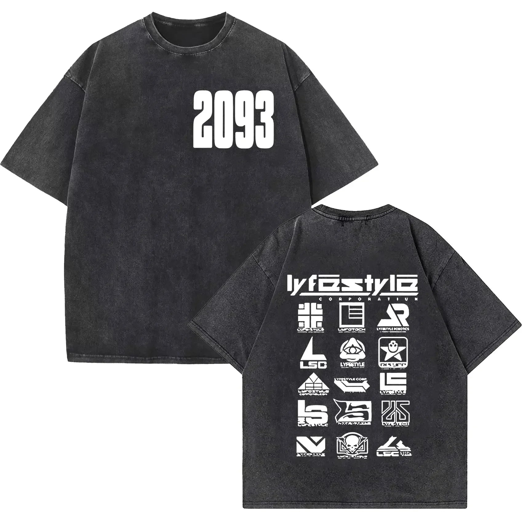 Black oversized rapper yeat lyfestyle vintage washed t shirt with white 2093 print front and logo grid back for hip hop fashion