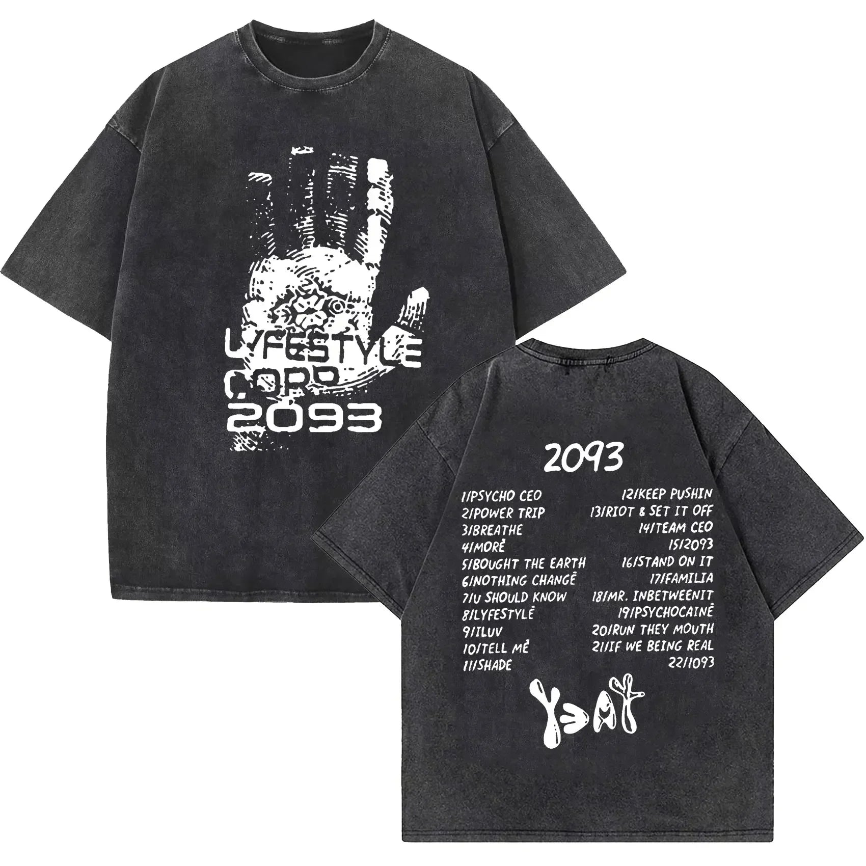 Black oversized rapper yeat lyfestyle vintage washed t shirt with white handprint front and song list hip hop fashion back