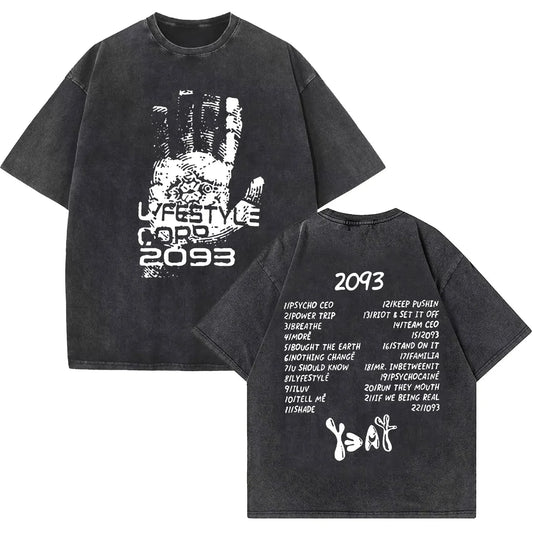 Black oversized rapper yeat lyfestyle vintage washed t shirt with white handprint front and song list hip hop fashion back