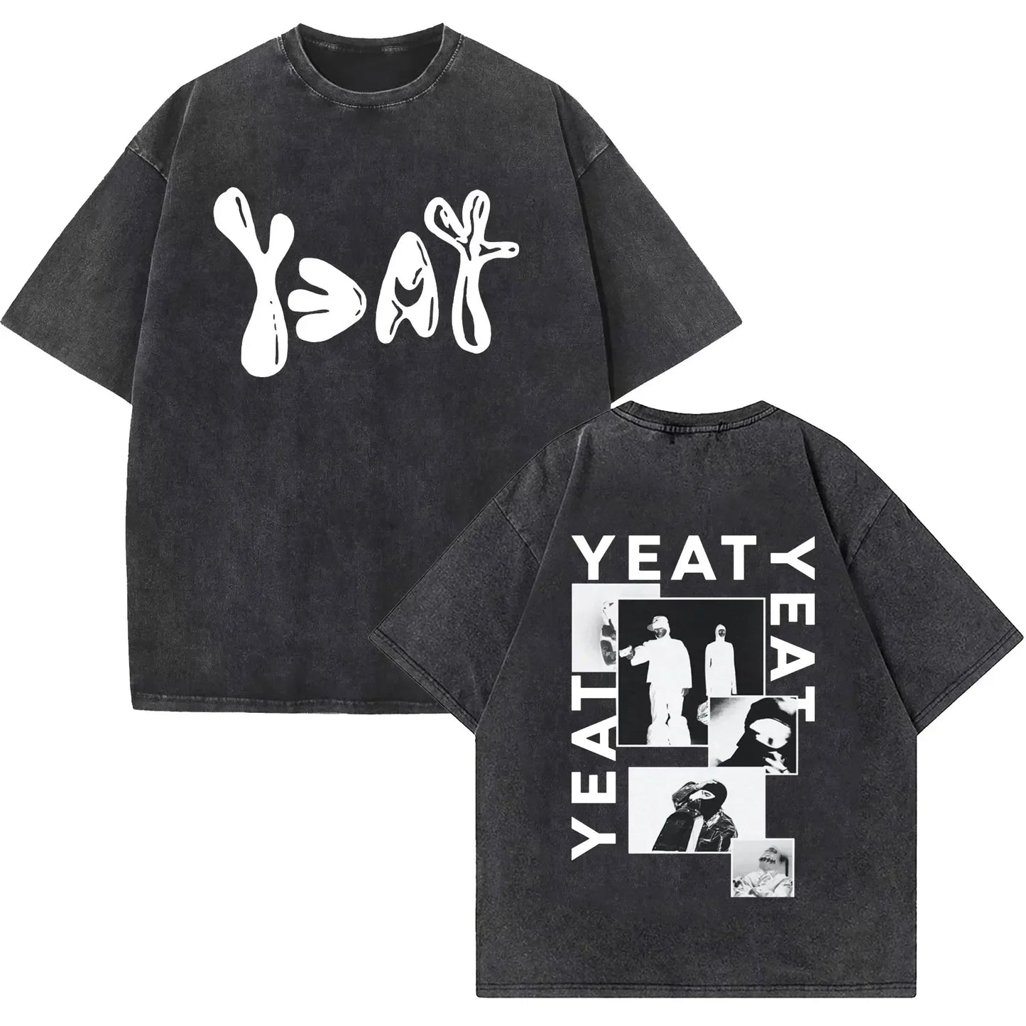 Black oversized t-shirt with white yeat graphic and photo collage on back in rapper yeat lyfestyle vintage washed style hip hop fashion