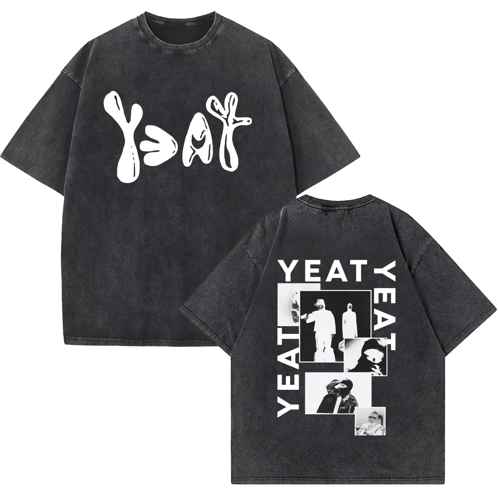 Black oversized t-shirt with white yeat graphic and photo collage on back in rapper yeat lyfestyle vintage washed style hip hop fashion