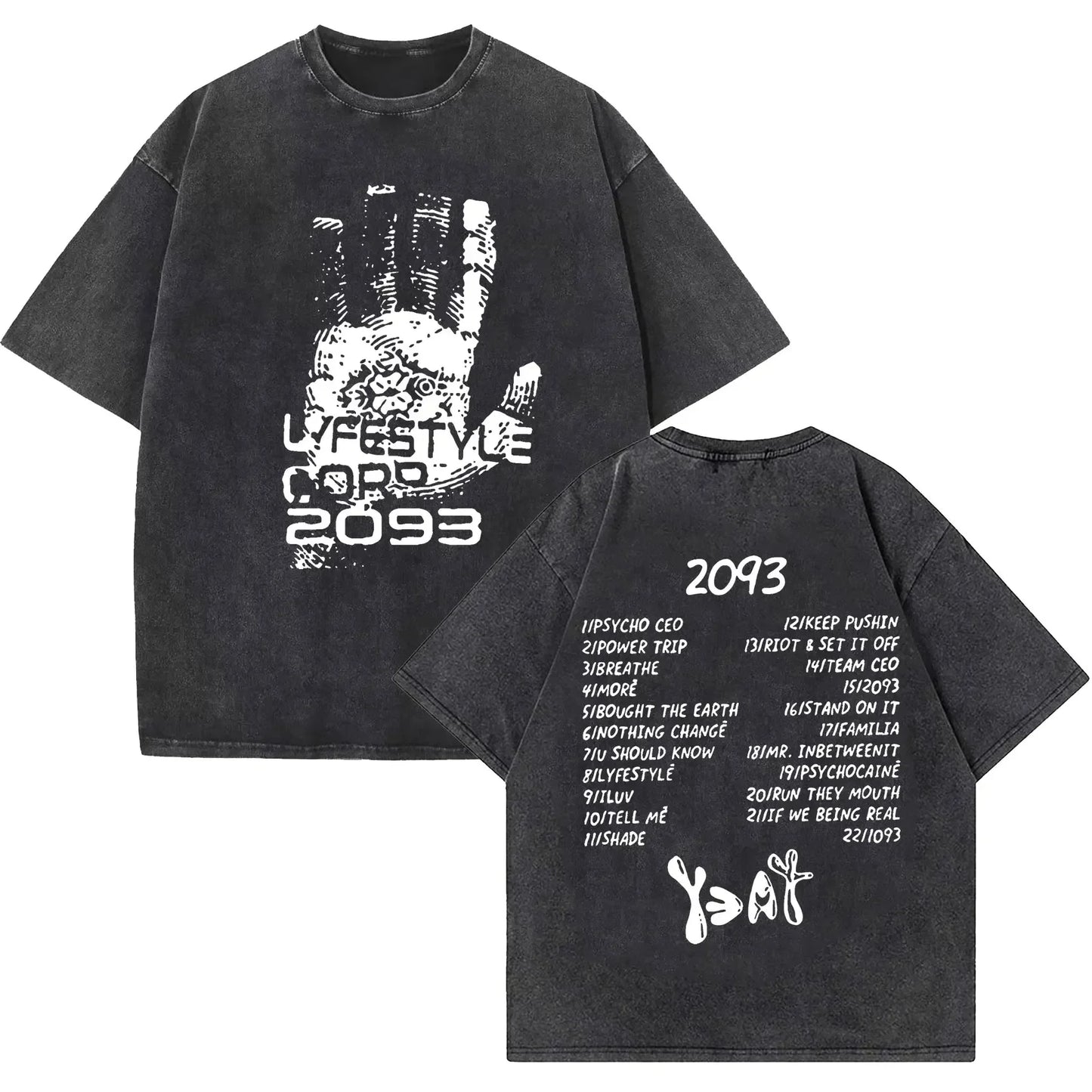 Black oversized rapper yeat lyfestyle vintage washed t shirt with white handprint and song titles for hip hop fashion streetwear