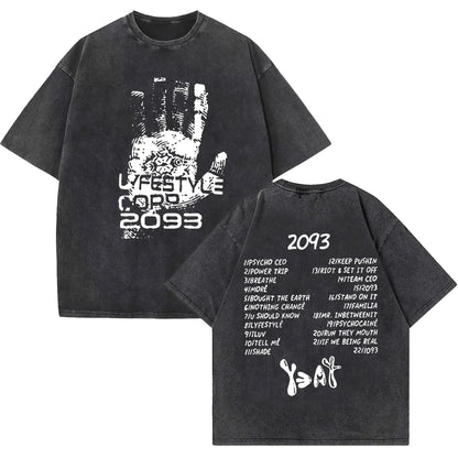Black oversized rapper yeat lyfestyle vintage washed t shirt with white handprint and song titles for hip hop fashion streetwear