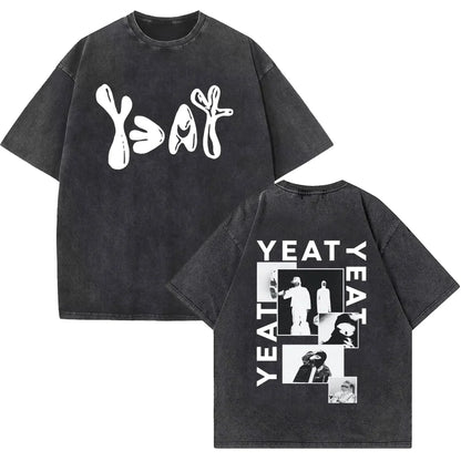 Black oversized t-shirt featuring white yeat graphic and photo collage on back for rapper yeat lyfestyle vintage washed hip hop fashion
