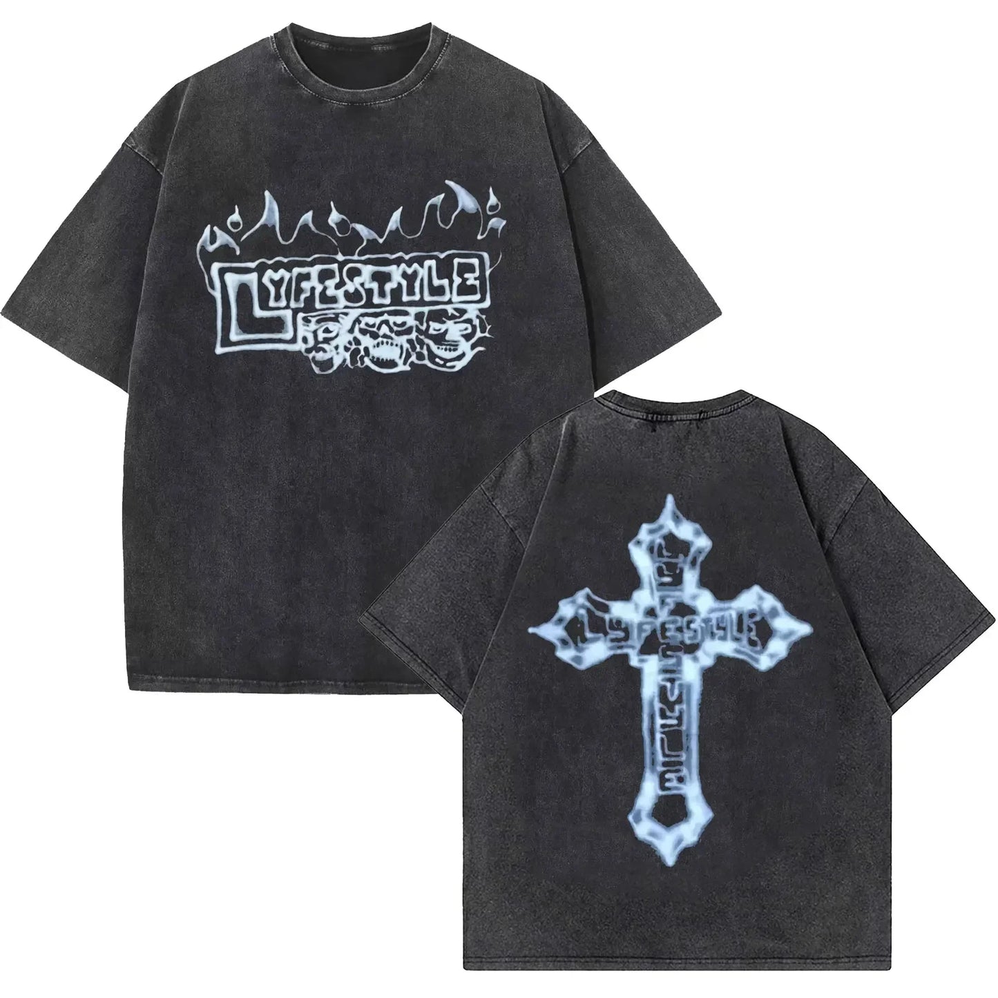 Black oversized rapper Yeat lyfestyle vintage washed t-shirt with white graphic prints for hip hop fashion streetwear