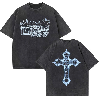 Black oversized rapper yeat lyfestyle vintage washed t shirt with white graphic prints for hip hop fashion streetwear