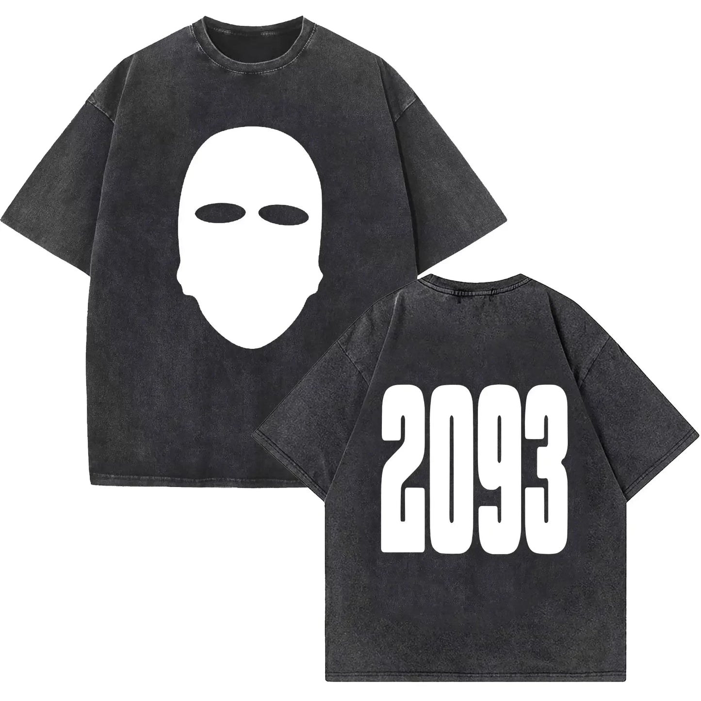 Black oversized t shirt with white ski mask graphic front and 2093 print on back rapper yeat lyfestyle hip hop fashion
