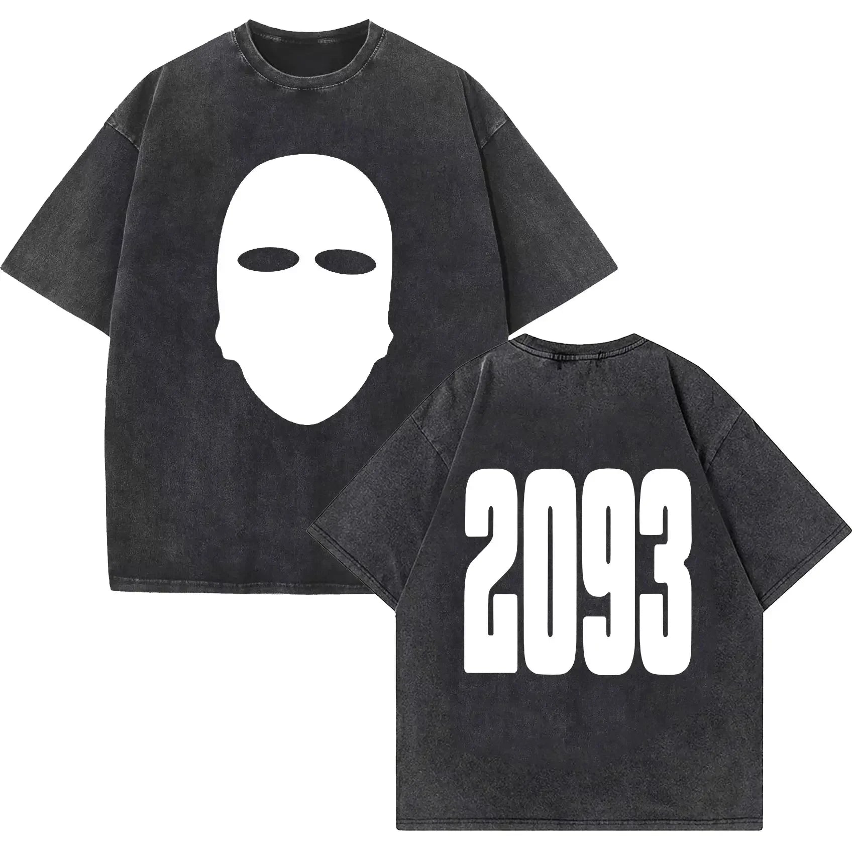 Black oversized t shirt with white ski mask graphic front and 2093 print on back rapper yeat lyfestyle hip hop fashion