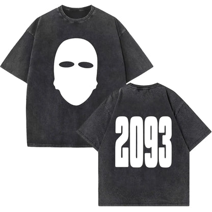 Black oversized t shirt with white ski mask graphic front and 2093 print on back rapper yeat lyfestyle hip hop fashion
