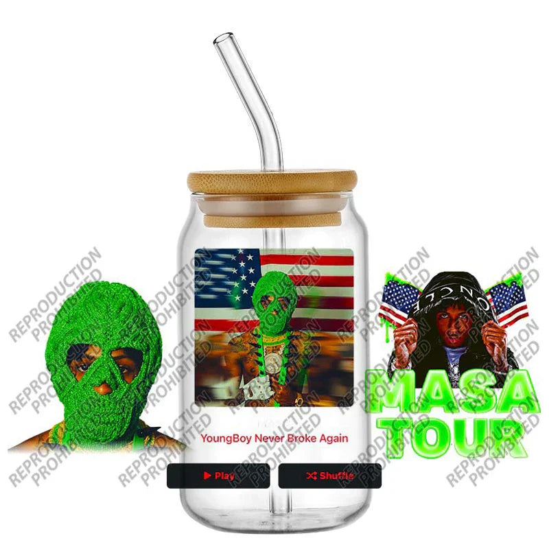 Clear glass libbey waterproof mason jar tumbler with bamboo lid and rapper youngboy themed 16oz uv dtf cup wrap design