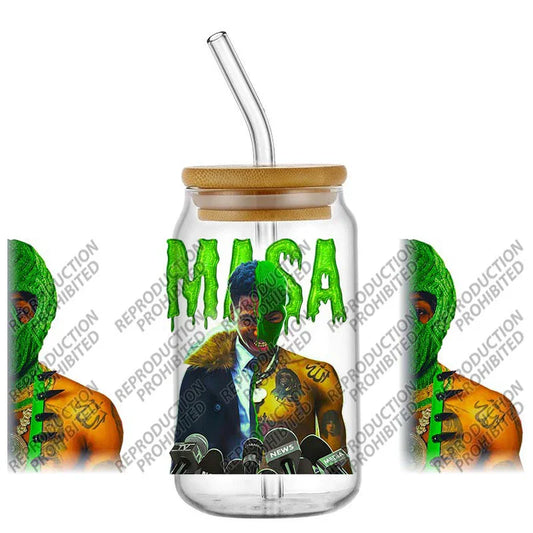 Clear glass libbey tumbler with bamboo lid and rapper youngboy themed 16oz uv dtf waterproof cup wrap sticker