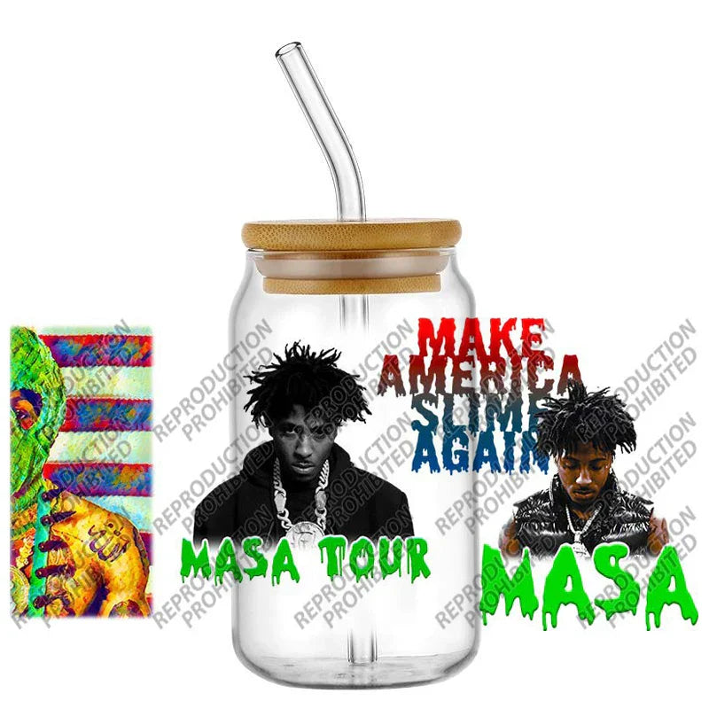 Clear glass Libbey waterproof mason jar tumbler with bamboo lid and rapper YoungBoy themed 16oz UV DTF cup wrap sticker